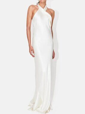 Galvan London Pandora Satin Halter Maxi Gown Ivory Size 4 EUC MSRP $1,795